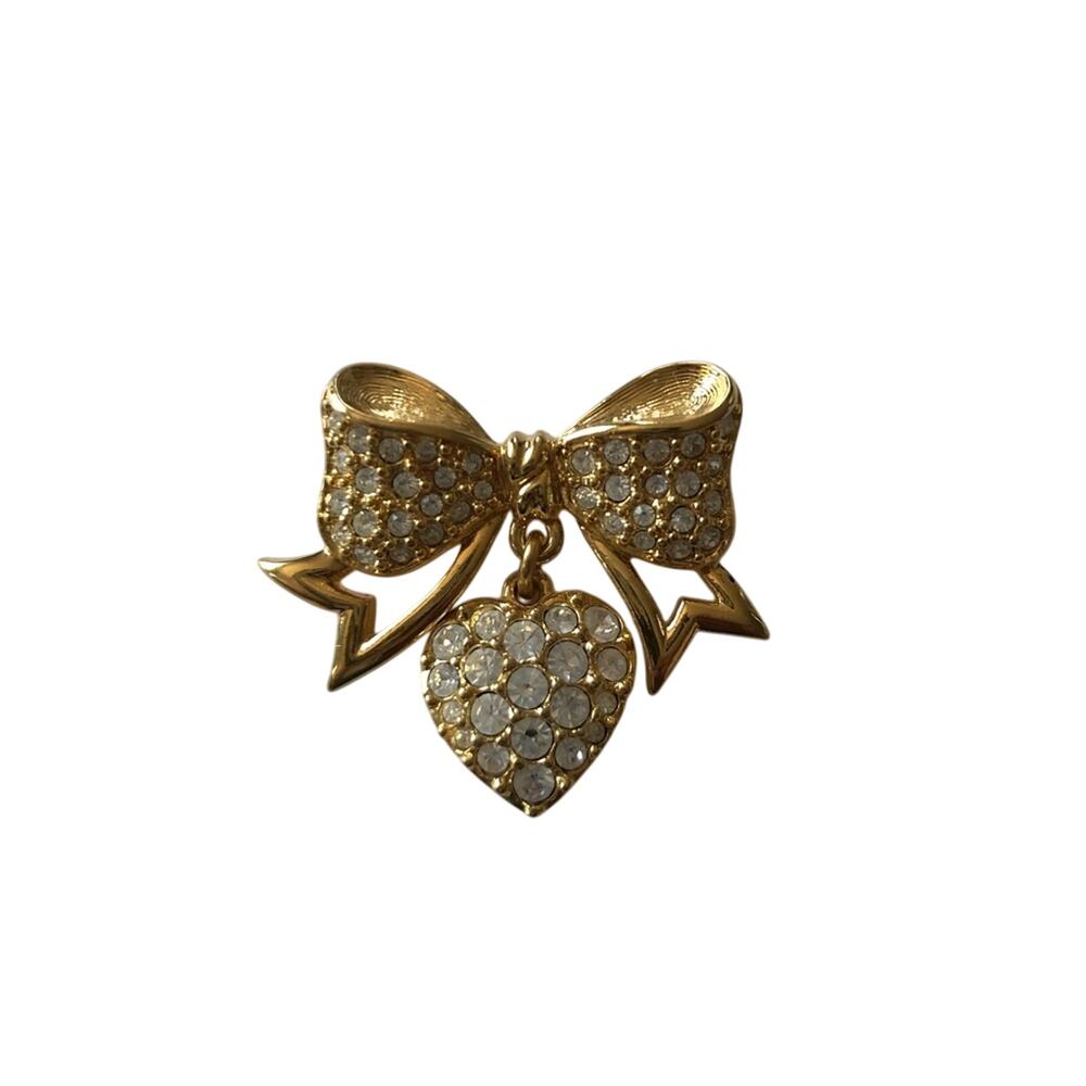 Swarovski Crystal Brooch Bow and Dangling Heart